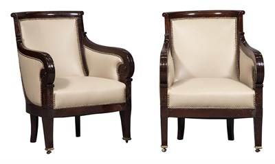 Lot 213 - Pair of Restauration Style Upholstered Mahogany Bergeres