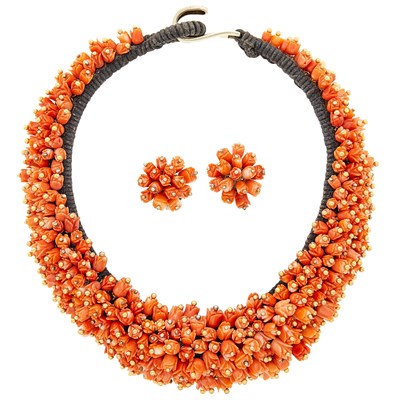 Lot 2054 - Carved Coral, Silver and Cord Floret Bib Necklace and Pair of Earrings