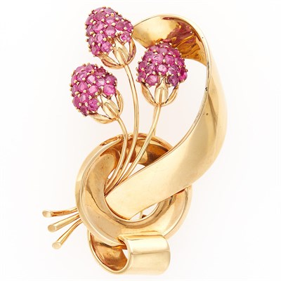 Lot 2133 - Gold and Ruby Flower Ribbon Brooch