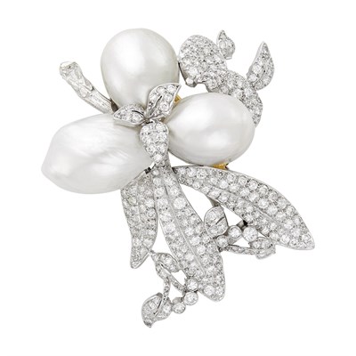 Lot 106 - Seaman Schepps Platinum, White Gold, South Sea Baroque Cultured Pearl and Diamond Clip-Brooch