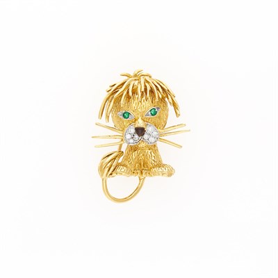 Lot 2050 - Two-Color Gold, Enamel, Diamond and Emerald Lion Clip-Brooch