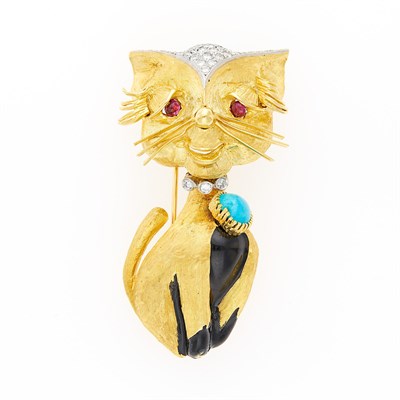 Lot 2049 - Gold, Platinum, Turquoise, Black Enamel, Diamond and Cabochon Ruby Cat Clip-Brooch