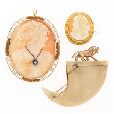 Lot 2277 - Two Gold and Shell Cameo Brooches and Low Karat Gold and Lion's Tooth Brooch