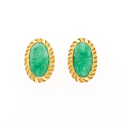 Lot 2037 - Pair of Gold and Carved Jade Earclips