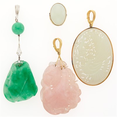 Lot 2234 - Three Carved Jade and Rose Quartz Enhancers and Jade Ring