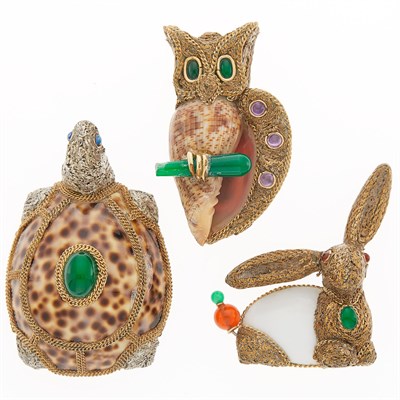 Lot 2083 - Naef Orfaley Two Silver, Shell and Hardstone Animal Clips and Brooch