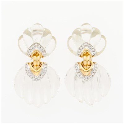 Lot 2015 - Pair of Two-Color Gold, Carved Rock Crystal and Diamond Pendant-Earclips