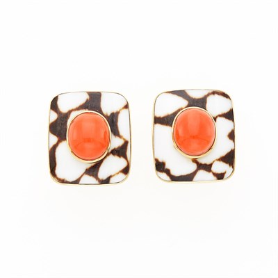Lot 2030 - Trianon Pair of Gold, Coral and Shell Earrings