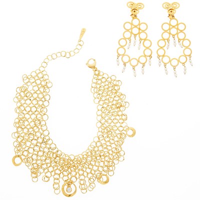 Lot 2239 - Gold and Diamond Circle Link Necklace and Pair of Cultured Pearl Pendant-Earclips