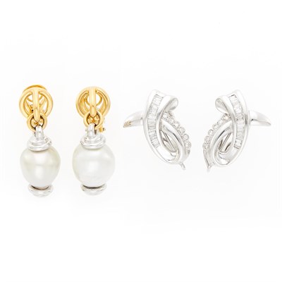 Lot 2250 - Pair of White Gold and Diamond Earclips and Two-Color Gold and Baroque Cultured Pearl Pendant-Earclips