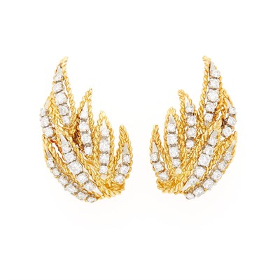 Lot 2046 - Pair of Gold, Platinum and Diamond Leaf Earrings