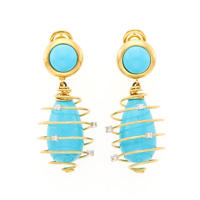 Lot 2009 - Pair of Gold, Reconstituted Turquoise and Diamond Pendant-Earrings