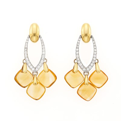 Lot 2242 - Pair of Two-Color Gold, Diamond and Citrine Bead Pendant-Earrings