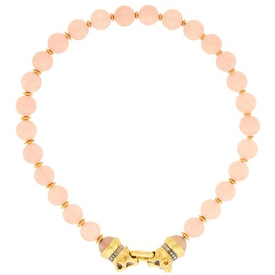 Lot 2287 - Rose Quartz Bead, Two-Color Gold and Diamond Necklace
