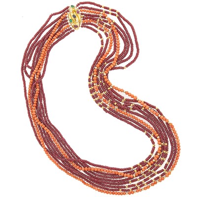 Lot 2026 - Nine Strand Ruby, Coral and Gold Bead Necklace with Gold, Cabochon Colored Stone and Diamond Clasp