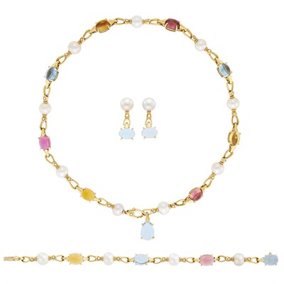 Lot 23 - Bulgari Gold, Cabochon Colored Stone, Freshwater Pearl and Diamond 'Allegra' Necklace, Bracelet and Pair of Pendant-Earrings