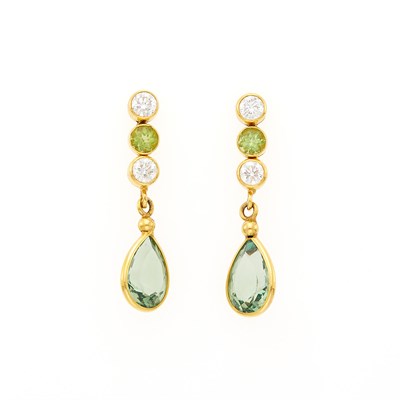 Lot 2034 - Pair of Gold, Peridot, Diamond and Tourmaline Pendant-Earrings