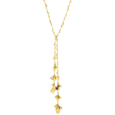 Lot 2033 - Long Gold, Peridot and Smoky Quartz Briolette Bead Lariat Chain Necklace
