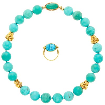 Lot 2014 - Turquoise and Nugget Gold Bead Necklace and High Karat Gold and Turquoise Scarab Ring