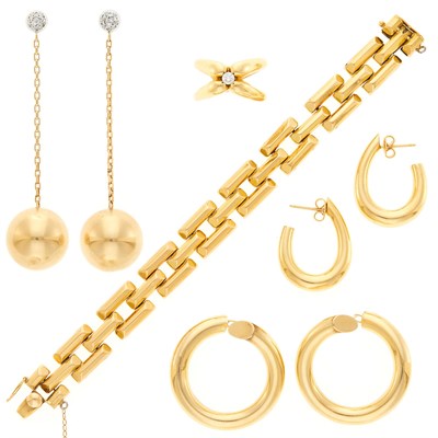 Lot 2235 - Gold Bracelet, Ring and Three Pairs of Earrings