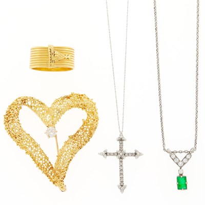 Lot 2282 - Two Yellow and White Gold, Diamond and Emerald Pendant-Necklaces, Brooch and Ilias Lalaounis Ring
