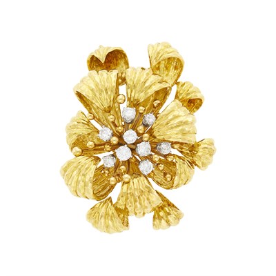 Lot 177 - David Webb Hammered Gold, Platinum and Diamond Flower Clip-Brooch