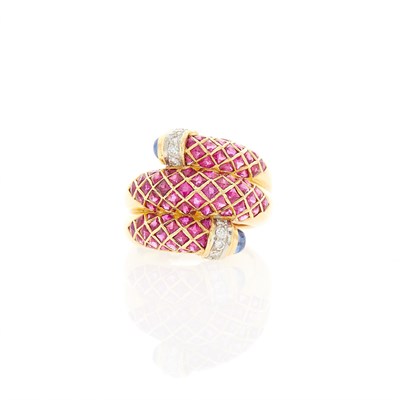 Lot 2022 - Gold, Ruby, Diamond and Cabochon Sapphire Crossover Ring