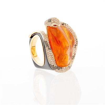 Lot 2222 - Rose Gold, Fire Opal, Diamond, Black Diamond and Black Onyx Serpent Ring