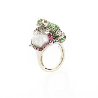 Lot 2217 - White Gold, Cultured Pearl, Gem-Set, Diamond and Colored Diamond Frog  and Flower Ring
