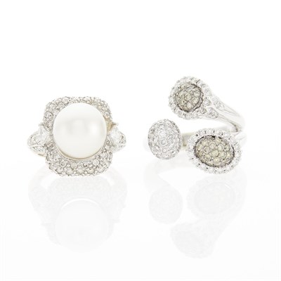 Lot 2191 - White Gold, Cultured Pearl and Diamond Ring and Diamond and Colored Diamond Ring