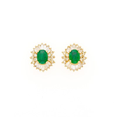 Lot 2294 - Pair of Gold, Emerald and Diamond Earrings