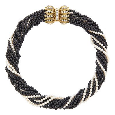 Lot 116 - Twelve Strand Black Onyx and Cultured Pearl Torsade Necklace with Gold and Diamond Clasp