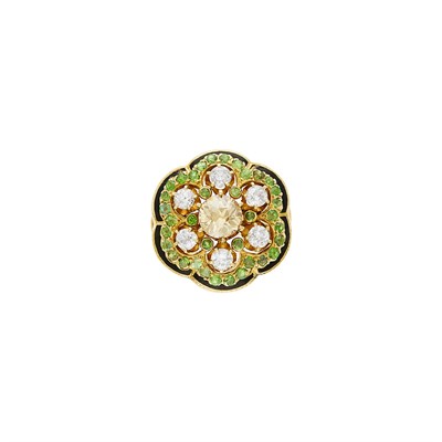 Lot 21 - Gold, Diamond, Colored Diamond, Diamond, Demantoid Garnet and Black Enamel Ring