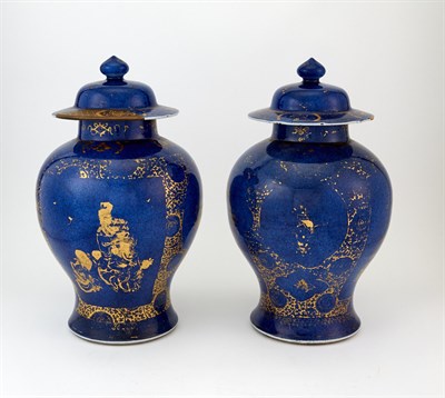 Lot 264 - A Pair of Chinese Gilt Decorated Powder Blue Porcelain Baluster Jars and Covers