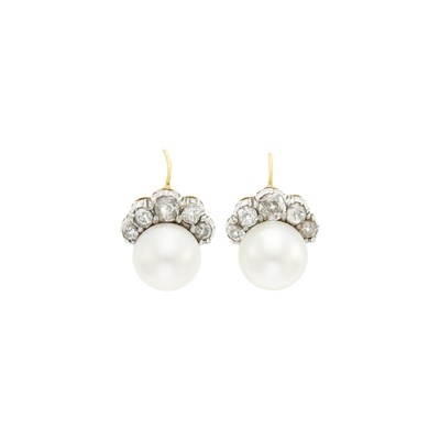 Lot 73 - Pair of Gold, Platinum, Cultured Pearl and Diamond Earclips