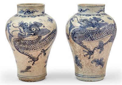 Lot 356 - A Matched Pair of Korean Blue and White Porcelain Dragon Jars