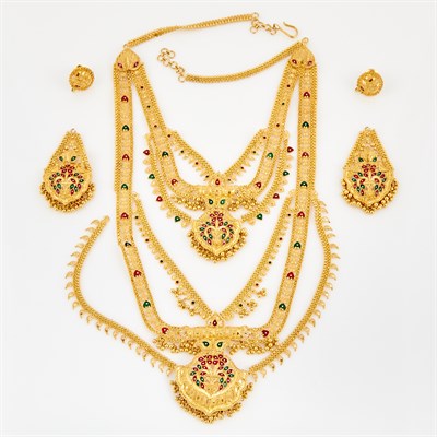 Lot 212 - Gold and Enamel Necklace, Two Earrings and Two...