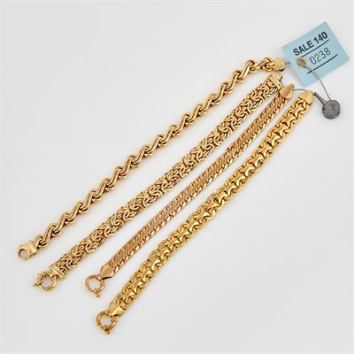 Lot 238 - Four Gold Flexible Bracelets, 14K 22 dwt.,...