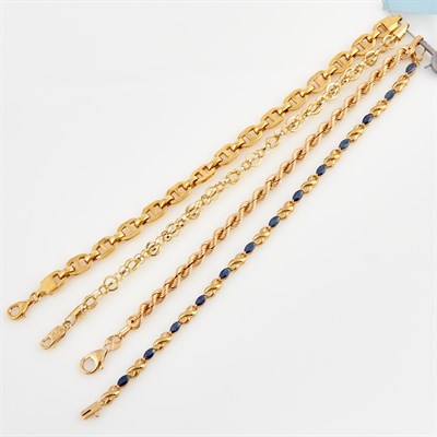 Lot 362 - Four Gold and Stone Flexible Bracelets, 14K 14...