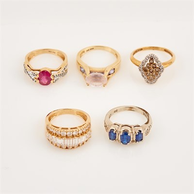 Lot 378 - Three Diamond and Stone Rings and Two Gold and...