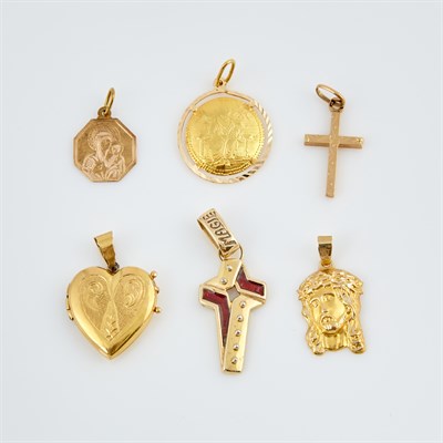 Lot 405 - Six Gold and Enamel Pendants, 18K 4 dwt. and...