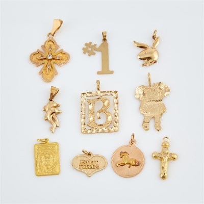 Lot 406 - Ten Gold and Stone Pendants, 14K 11 dwt. all