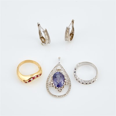 Lot 462 - Two Diamond and Stone Rings, Pendant and Two...