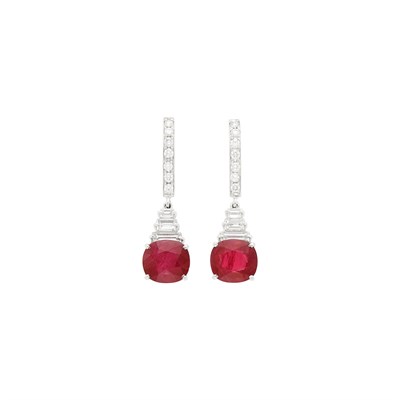 Lot 138 - Pair of Platinum, Ruby and Diamond Pendant-Earrings