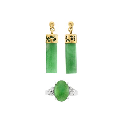 Lot 86 - Platinum, Jade and Diamond Ring and Pair of Gold and Jade Pendant-Earclips