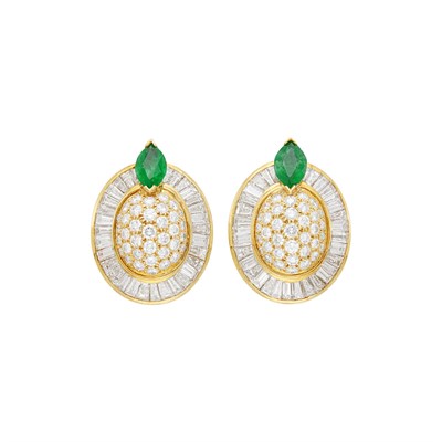 Lot 14 - Pair of Gold, Diamond and Emerald Earclips