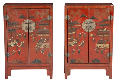 Lot 335 - Pair of Chinese Red Lacquer Cabinets Height 34...