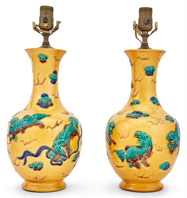 Lot 164 - Pair of Chinese Porcelain Lamps Molded with...