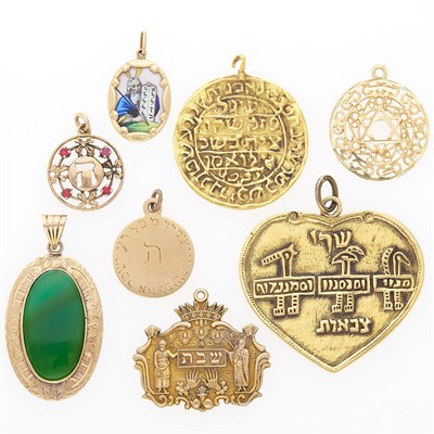 Lot 2145 - Eight Gold and Enamel Judaica Amulet Charms