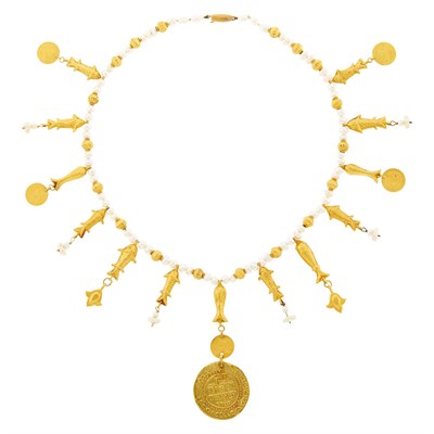 Lot 2056 - Gold and Baroque Freshwater Pearl Judaica Fish Pendant-Necklace